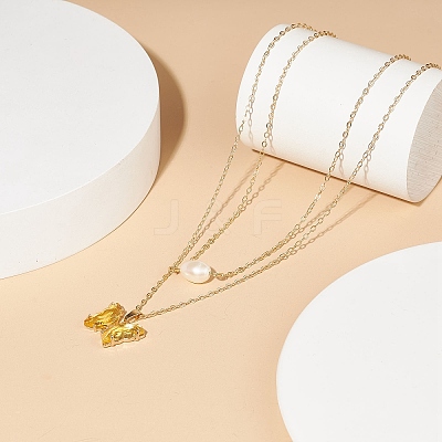 Glass Butterfly & Natural Pearl Pendants Double Layer Necklace with Clear Cubic Zirconia NJEW-TA00043-04-1