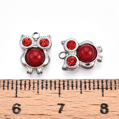 Natural Red Jasper and Ruby Rhinestone Owl Charms STAS-T064-66P-1