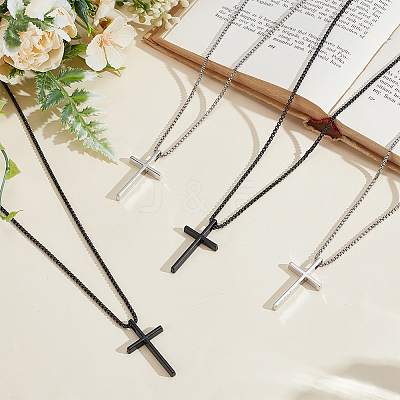 8Pcs 2 Colors Alloy Cross Pendant 667 Stainless Steel Box Chain Necklaces NJEW-GO0001-23-1