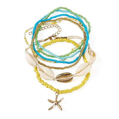 2 Bags Summer Beach Glass Seed Beaded & Natural Shell & Alloy Starfish Charm Anklet Sets AJEW-TA0003-69B-1
