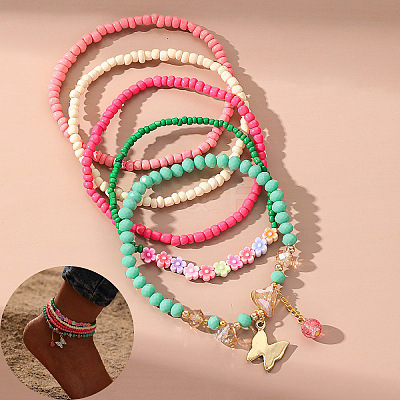 Bohemian Resin & Glass Seed Beaded Stretch Multi-Layered Anklet Sets WG187EB-07-1