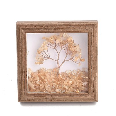 Natural Yellow Quartz  Chips Tree of Life with Wooden Photo Frame Decorations DJEW-B013-04A-1