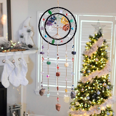 7 Chakra Tree of Life Natural Gemstone Chips Hanging Suncatchers HJEW-F023-02-1