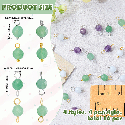 16Pcs 4 Style Round Natural Green Aventurine Pendants & Connector Charms PALLOY-SW00069-1