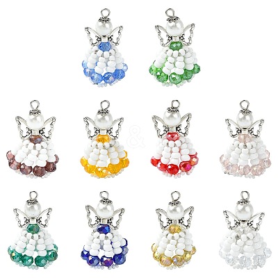 10 Colors Glass Seed Beaded Angel Pendants PALLOY-CJ00089-1