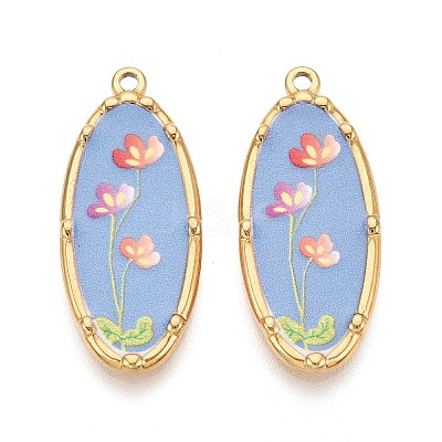 Printed Style 304 Stainless Steel Oval with Flower Pattern Pendants STAS-T071-27C-G-1