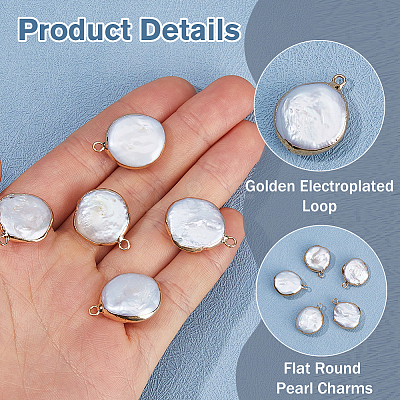 5Pcs Electroplated Natural Keshi Pearl Flat Round Pendants PEAR-HS0001-23-1