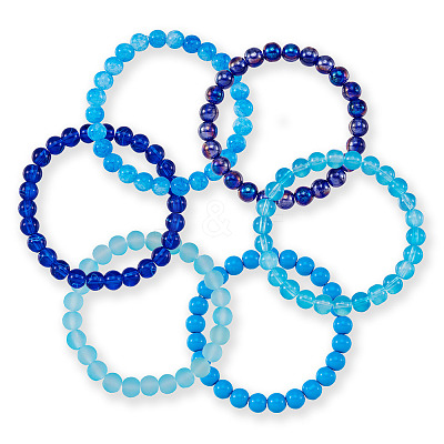 6Pcs 6 Styles 8mm Glass Round Beaded Stretch Bracelet Sets BJEW-TAC0021-1