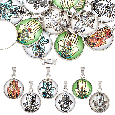 24Pcs 6 Color Hamsa Hand Pattern Glass Pendants GLAA-DC0001-01-1