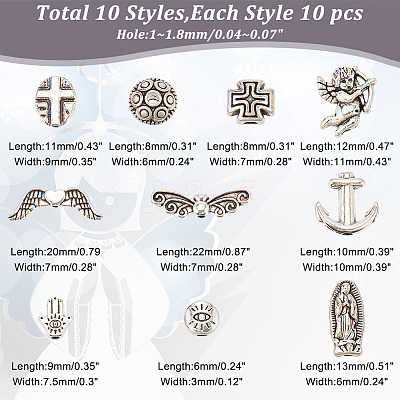 100Pcs 10 Styles Tibetan Style Alloy Beads FIND-AR0004-16-1