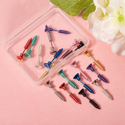 18Pcs 9 Colors PVD Vacuum Plating 304 Stainless Steel Unisex Punk Hip-hop Rock Nail Shape Screw Pierced Stud Earrings EJEW-SZ0001-28-1