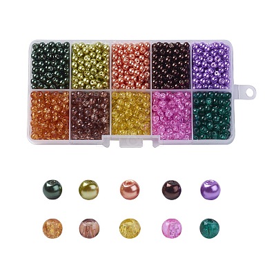 Mixed Baking Paint Crackle Glass & Glass Pearl Bead Sets HY-X0009-4mm-12-1