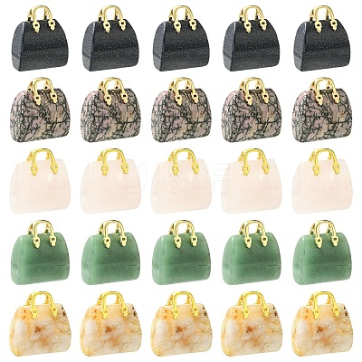 5Pcs 5 Styles Synthetic Blue Goldstone & Natural Cherry Blossom Agate & & Green Aventurine & Rose Quartz & Rhodonite Brass Pendants KK-YW0003-41-1