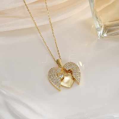 Valentine's Day Brass Micro Pave Clear Cubic Zirconia Heart Locket Pendant 304 Stainless Steel Cable Chain Necklaces for Women WG30B58-01-1