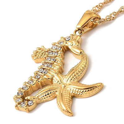 304 Stainless Steel Crystal Rhinestone Seahorse & Starfish Pendant Rope Chain Necklaces for Women STAS-Z101-08G-1