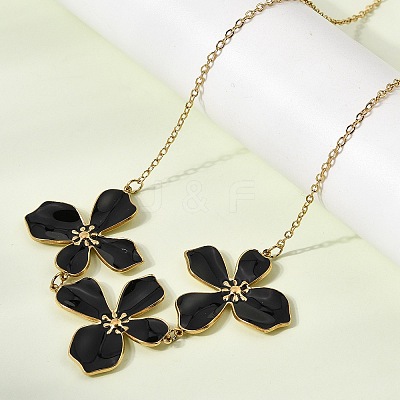 304 Stainless Steel Enamel Black Flower Bib Necklaces for Women NJEW-P352-01G-1