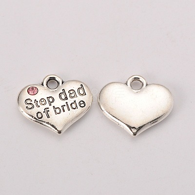 Wedding Theme Antique Silver Tone Tibetan Style Alloy Heart with Step Dad of Bride Rhinestone Charms LS-TIBEP-N005-22A-1
