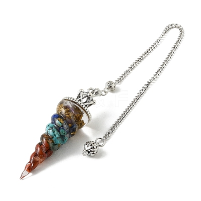 Resin Dowsing Pendulum Pendants with Natural & Synthetic Gemstone Chips inside and Iron Chain & Alloy Caps GG-CBAEAD2-01E-1