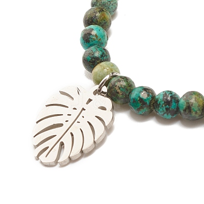 Natural Australian Turquoise(Jasper) Round Beaded Stretch Bracelet with Leaf Charm BJEW-JB07587-02-1