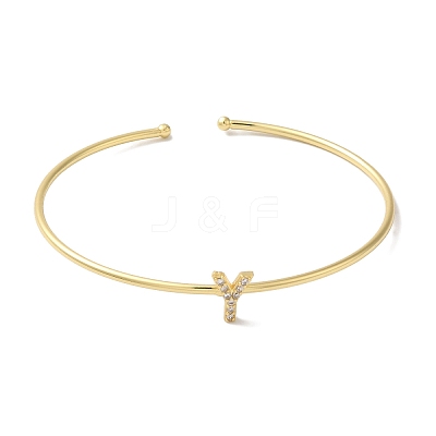 Rack Plating Brass Micro Pave Clear Cubic Zirconia Letter Open Cuff Bangles BJEW-A018-01G-Y-1
