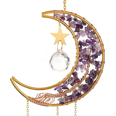 Natural Amethyst Chip & Brass Moon Hanging Suncatcher Pendant Decoration PW23041121729-1