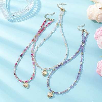 3Pcs 3 Styles Brass Heart Locket Pendant Faceted Round Natural Amethyst & Rose Quartz & Dyed Agate Beaded Necklaces NJEW-JN05737-1