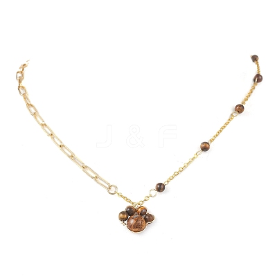 Natural Tiger Eye Paw Print Pendant Brass Paperclip Chain Cable Chain Necklaces for Women NJEW-JN05790-1