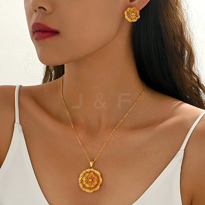 Hollow Vintage Brass Flower Stud Earrings & Pendant Necklaces Sets for Women SA8016-1