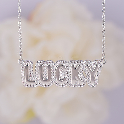 Brass Micro Pave Clear Cubic Zirconia Bubble Word LUCKY Pendant Necklaces FS-WGCB7F4-02-1