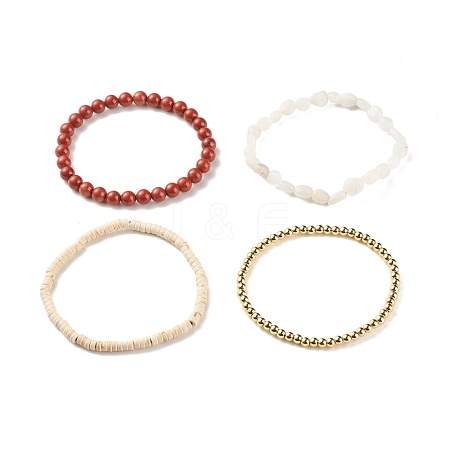 4Pcs 4 Style Natural Rainbow Moonstone & Red Jasper & Synthetic Turquoise(Dyed) Beaded Stretch Bracelets Set BJEW-JB07977-1