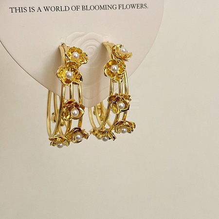 Retro Flower Brass & Imitation Pearl Hoop Earrings for Womenes BM9538-6-1