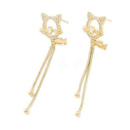Clear Cubic Zirconia Cat and Fish with Long Tassel Dangle Stud Earrings EJEW-SZ0001-83-1