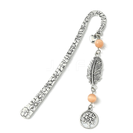 Tree of Life Feather Tibetan Style Alloy Pendant Bookmark with Cat Eye AJEW-JK00277-06-1