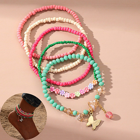 Bohemian Resin & Glass Seed Beaded Stretch Multi-Layered Anklet Sets WG187EB-07-1