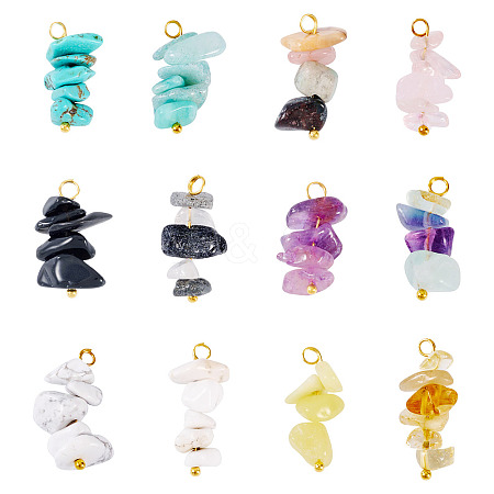 24Pcs 12 Styles Mixed Gemstone Chip Pendants PALLOY-TAC0166-1