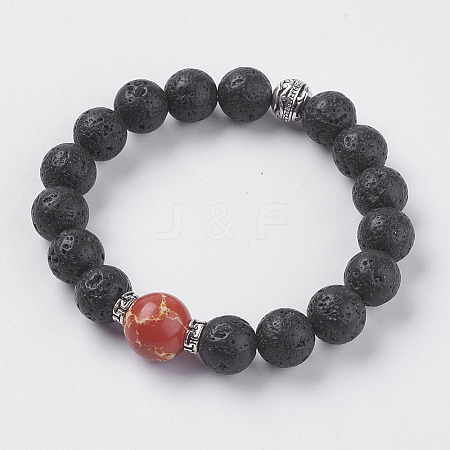 Natural Lava Rock and Natural Regalite/Imperial Jasper/Sea Sediment Jasper Beads Stretch Bracelets BJEW-I241-11F-1