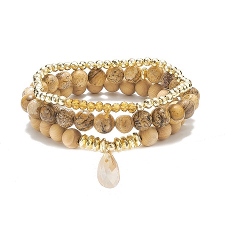 3Pcs 3 Style Natural & Synthetic Mixed Stone & Wood & Brass Stretch Bracelets Set with Glass Teardrop for Women BJEW-JB08355-1