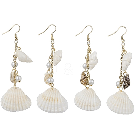 Bohemian Style Natural Shell Dangle Earrings with Glass Pearl Beads EJEW-JE05546-1
