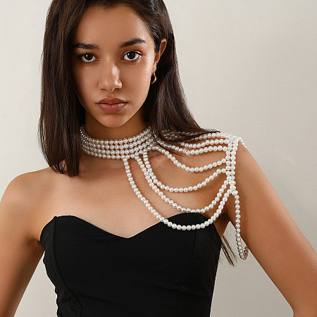 Plastic Imitation Pearl Round Beaded Multilayer Bridal Shoulder Chains WG39BFF-04-1