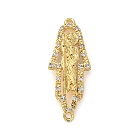 Brass Micro Pave Clear Cubic Zirconia Hamsa Hand with Saint Jude Connector Charms KK-M319-14G-1