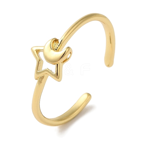 Moon with Star Rack Plating Brass Open Cuff Rings for Women RJEW-L123-103G-1