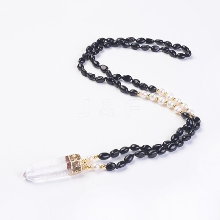 Natural Black Tourmaline and Natural Quartz Crystal Pendant Necklaces NJEW-I220-05-1