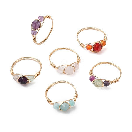 6Pcs Round Natural Rose Quartz & Amethyst & Fluorite & Carnelian & Amazonite & Red Agate Finger Ring RJEW-JR00754-S-1