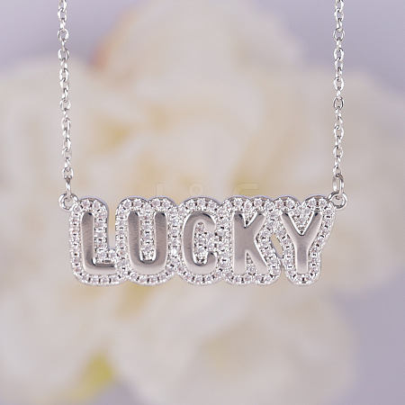 Brass Micro Pave Clear Cubic Zirconia Bubble Word LUCKY Pendant Necklaces FS-WGCB7F4-02-1