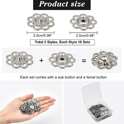 20 Sets 2 Colors Hollow Alloy Snap Buttons BUTT-NB0001-38-1