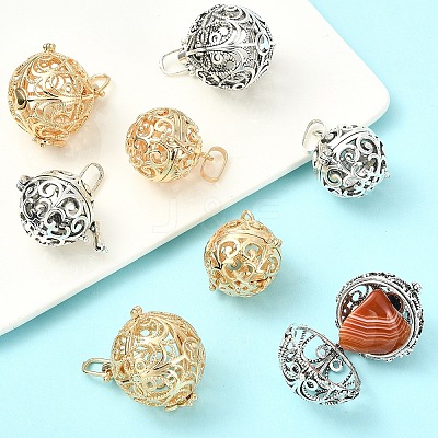 8Pcs 4 Styles Brass Hollow Round Cage Pendants KK-YW0004-37-1