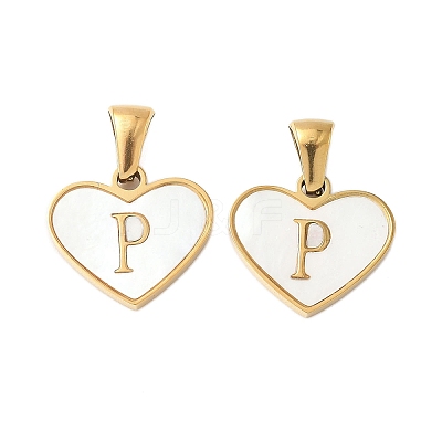 304 Stainless Steel Pave Natural White Shell Heart with Initial Slice Pendants STAS-R168-25G-P-1