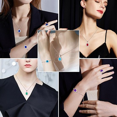 Cubic Zirconia Oval Pendant Necklace & Link Bracelet & Cuff Ring & Stud Earrings SJEW-SZC0001-01B-1