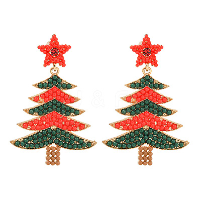 Christmas Tree Alloy & Acrylic Beaded Dangle Stud Earrings for Women EJEW-G406-01G-02-1