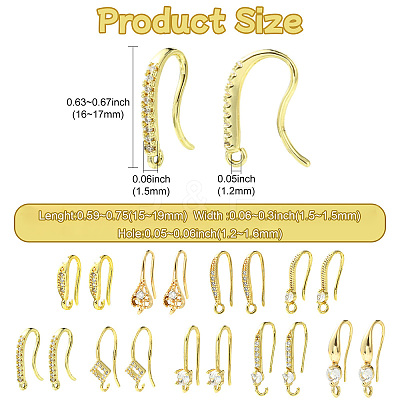 18Pcs 9 Styles Brass Micro Pave Clear Cubic Zirconia Earring Hooks ZIRC-CJ0001-29-1